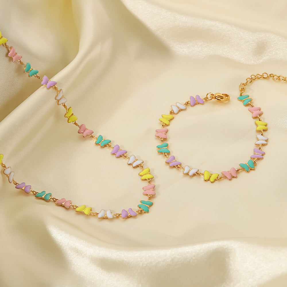 Colorful Enamel Butterfly Bracelet Necklace Set