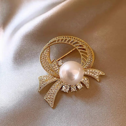 Ring Bow Ribbon Pearl Brooch