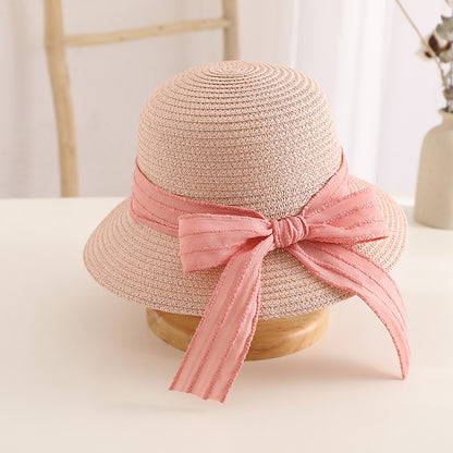 Spring Summer Bow Kids Straw Hat Travel Sun Protection Family Bag Set