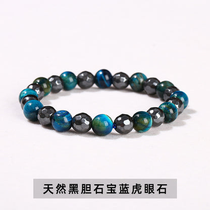 Natural black gallstone sapphire blue tiger's eye stone round bead bracelet.