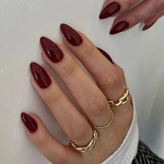 Burgundy Pointed Fake Nails 30 Pieces