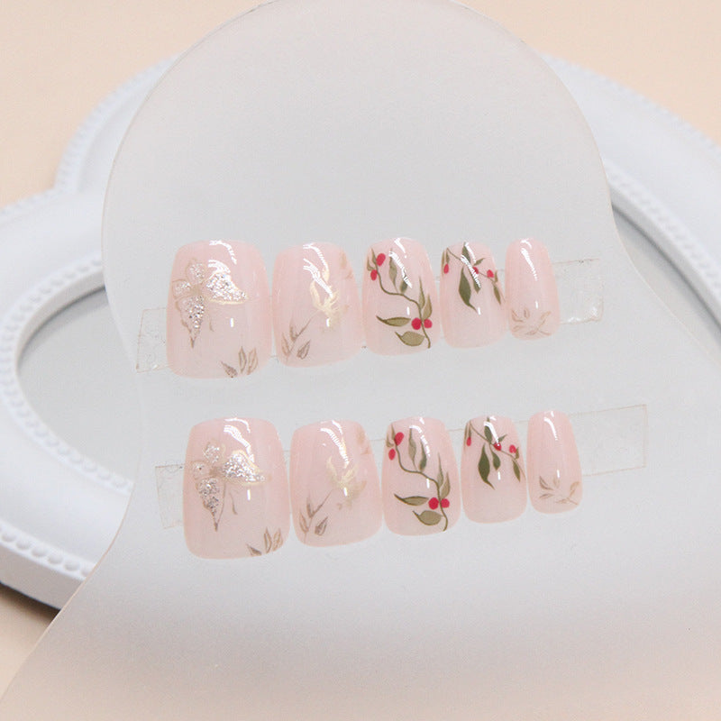 Chinese Style Red Bean Short Ballerina Nails 24 Pieces