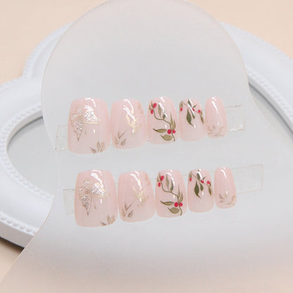 Chinese Style Red Bean Short Ballerina Nails 24 Pieces