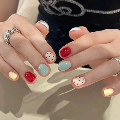 Polka Dot Short Square Vintage Nail Stickers 24 Pieces