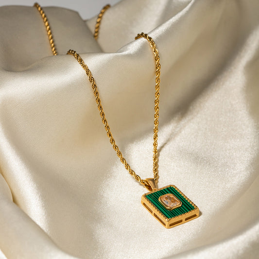 Women's rectangular green tag necklace