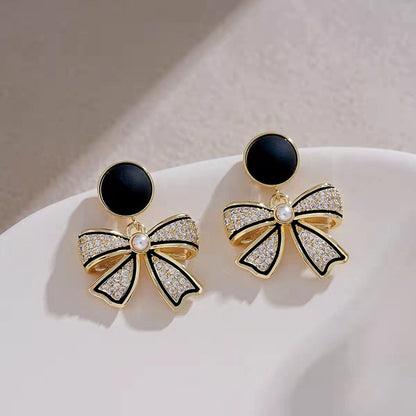 Silver Needle Black Bow Earrings