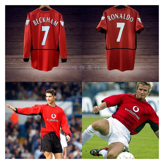 02-04 Red Devils Van Nistelrooy Beckham Ronaldo Retro Long Short Sleeve