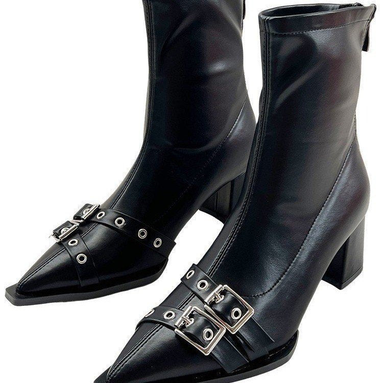 Boots French thick heel pointed