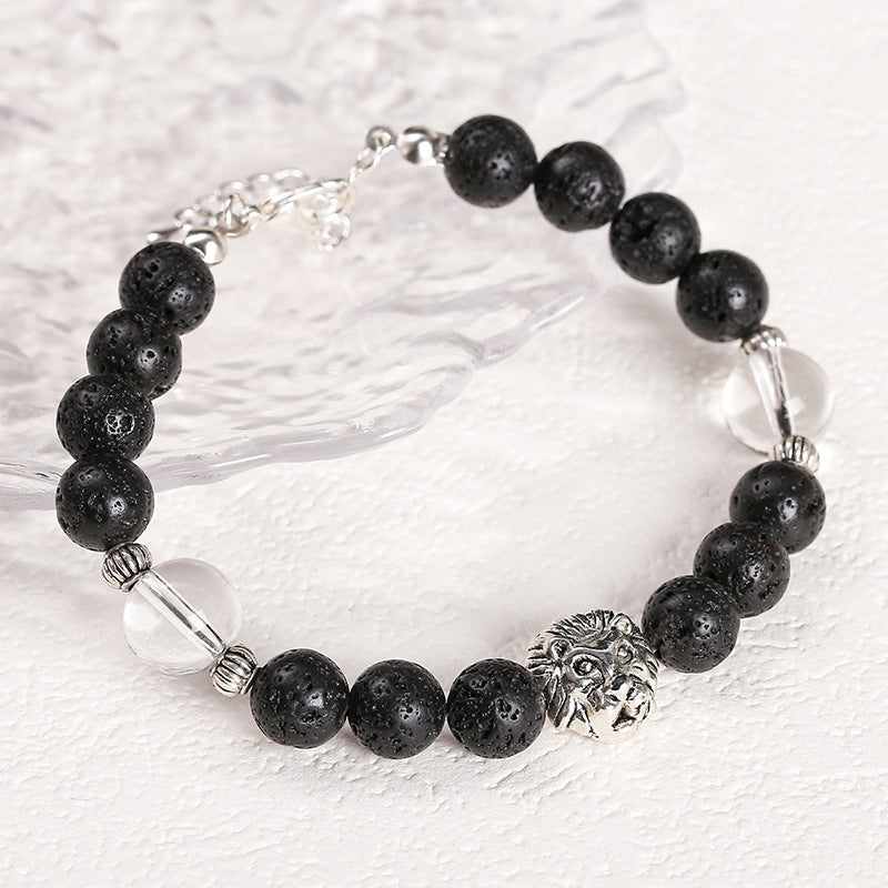 Natural black volcanic stone metal lion bracelet