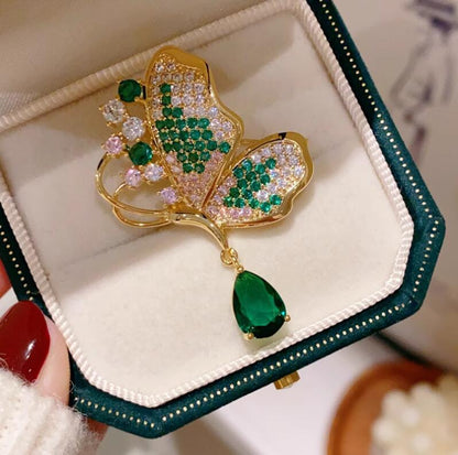 Emerald Full Diamond Butterfly Brooch