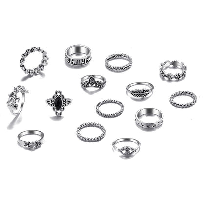 14-piece retro punk silver and black diamond ring set