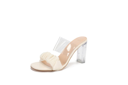 Sheer block heel, straight square-toe crepe slippers