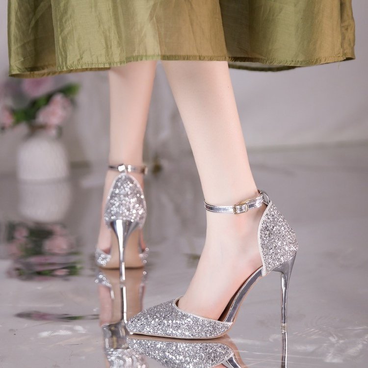 Rhinestone pointed silver high heels women