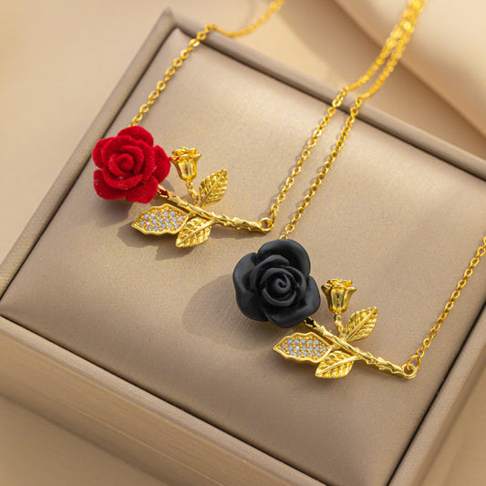 French Romantic Red Rose Necklace, Floral Pendant