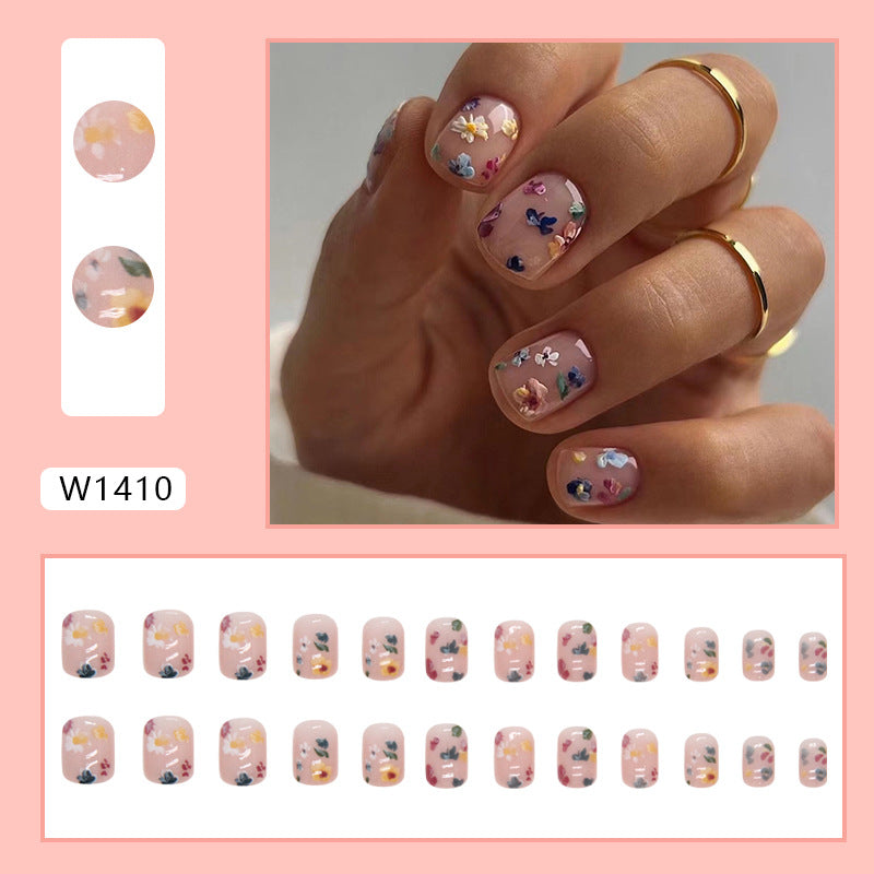 Soft Pink Floral Short Square Fake Nails