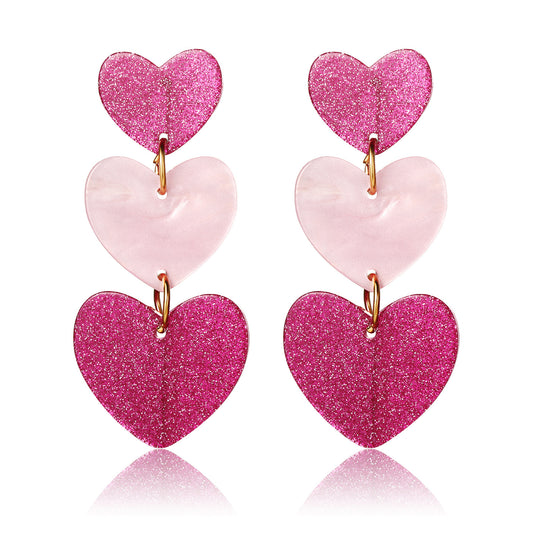 Pink three-layer heart-shaped love earrings