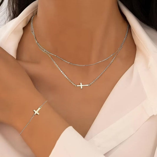 Gold Cross Bracelet Necklace Set 2 Pieces