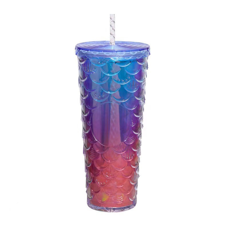 Scaled Pattern Large Capacity Double-Layer Plastic Straw Bottle