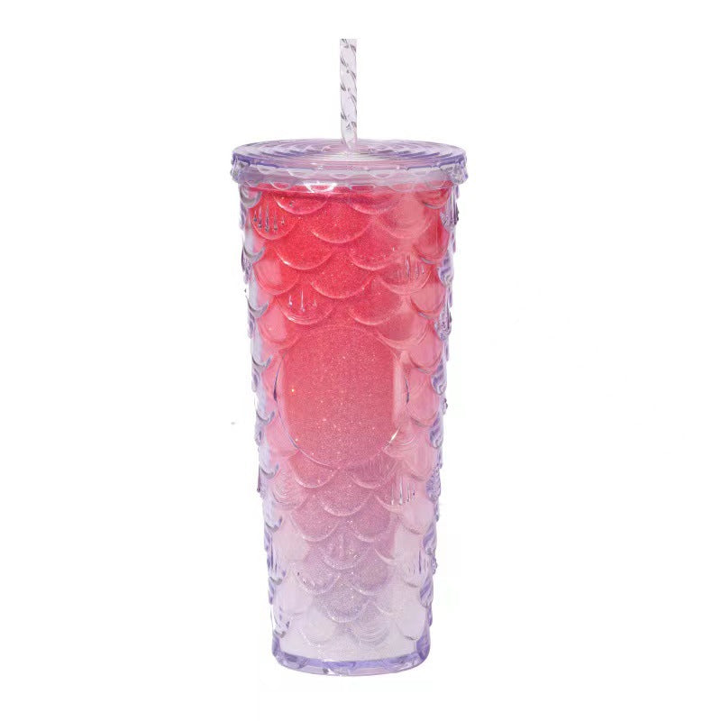 Scaled Pattern Large Capacity Double-Layer Plastic Straw Bottle