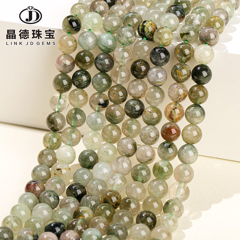 Natural Green Rabbit Hair Crystal Round Beads Green Crystal Bracelet Loose Beads