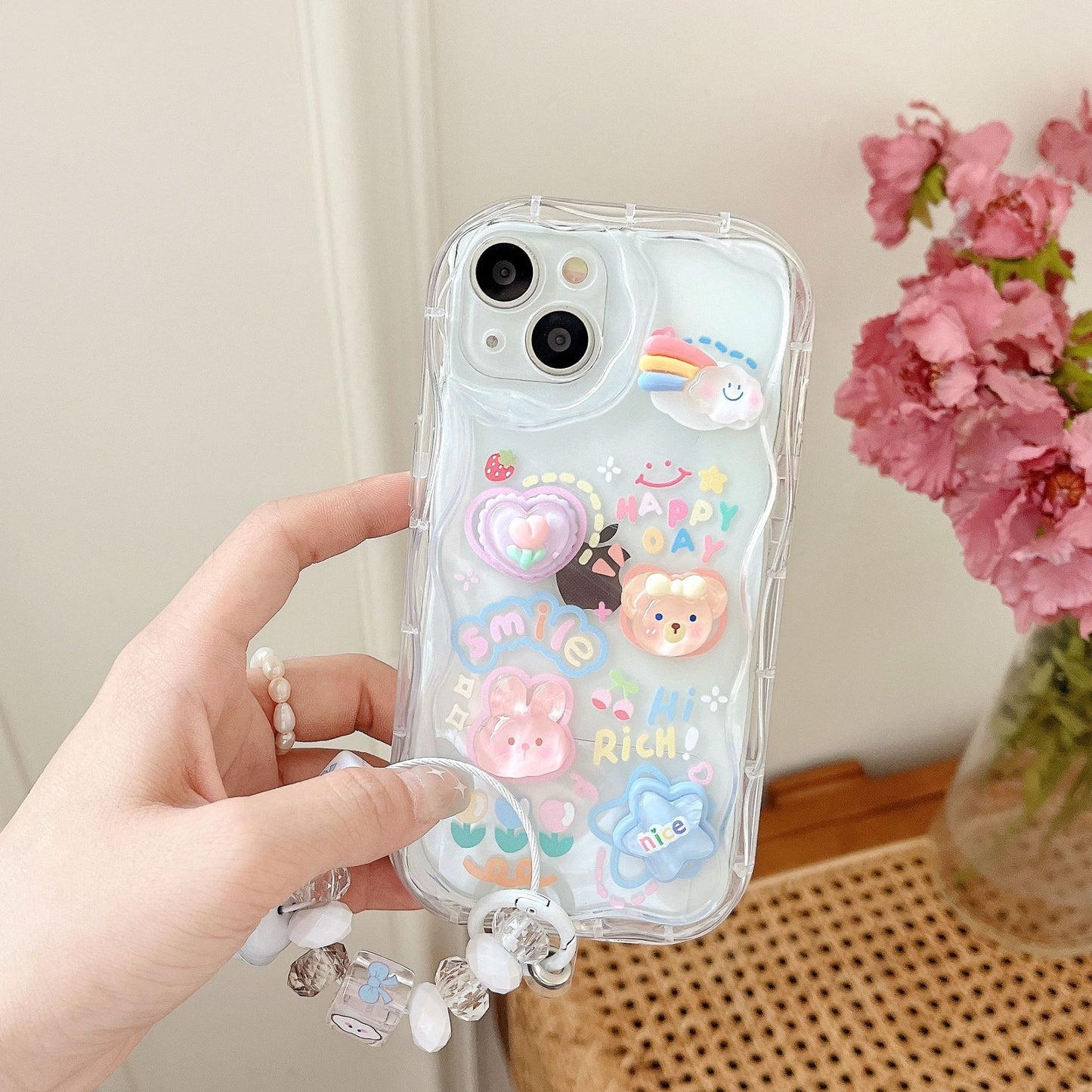 3D Bear Bunny Case iPhone15 Clear IP14 Pro Soft Shell Bell Pendant Chain