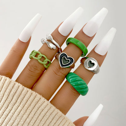 Green Heart Ring Set 6 Pieces