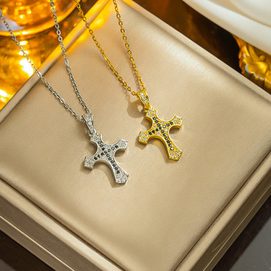 Luxurious Micro-Inlaid Zircon Cross Necklace - Trendy Clavicle Chain