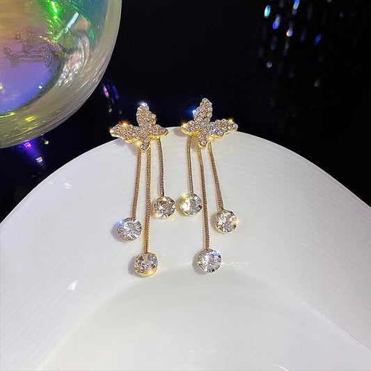 Diamond Butterfly Tassel Earrings