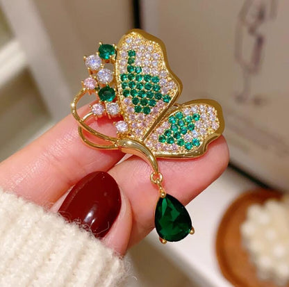 Emerald Full Diamond Butterfly Brooch