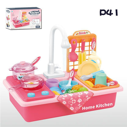 Children's Pretend Play Dishwasher with Dishwashing Basin, Circulating Water, Stove, Baby Pretend Play Kitchen Toy