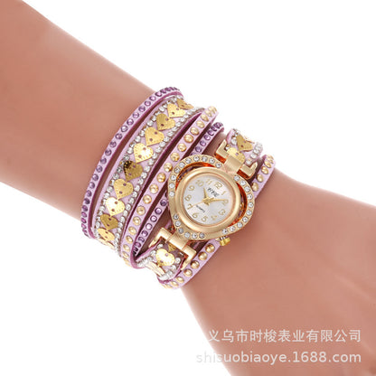 Wrap-Around Diamond-Embedded Bracelet Watch Heart Dial