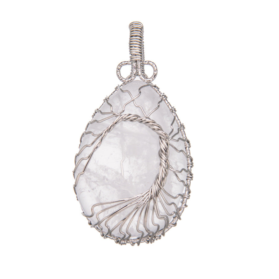 Crystal Silver Wire Wrap Tiger Eye Rose Quartz Pendant