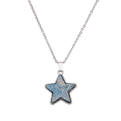 Electroplated Crystal Teeth Colorful Five-pointed Star Stainless Steel Pendant Necklace