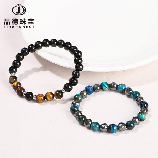 Natural black gallstone sapphire blue tiger's eye stone round bead bracelet.