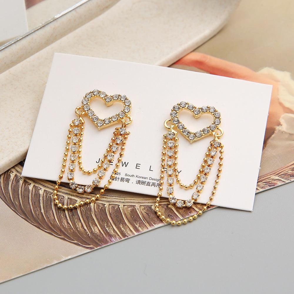 Full diamond hollow heart long earrings