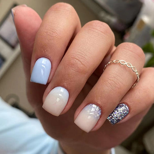 Mist Blue Glitter Short Square Detachable Fake Nails