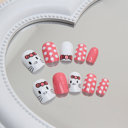 Bowknot Cat Polka Dot Pink Short Round Nails