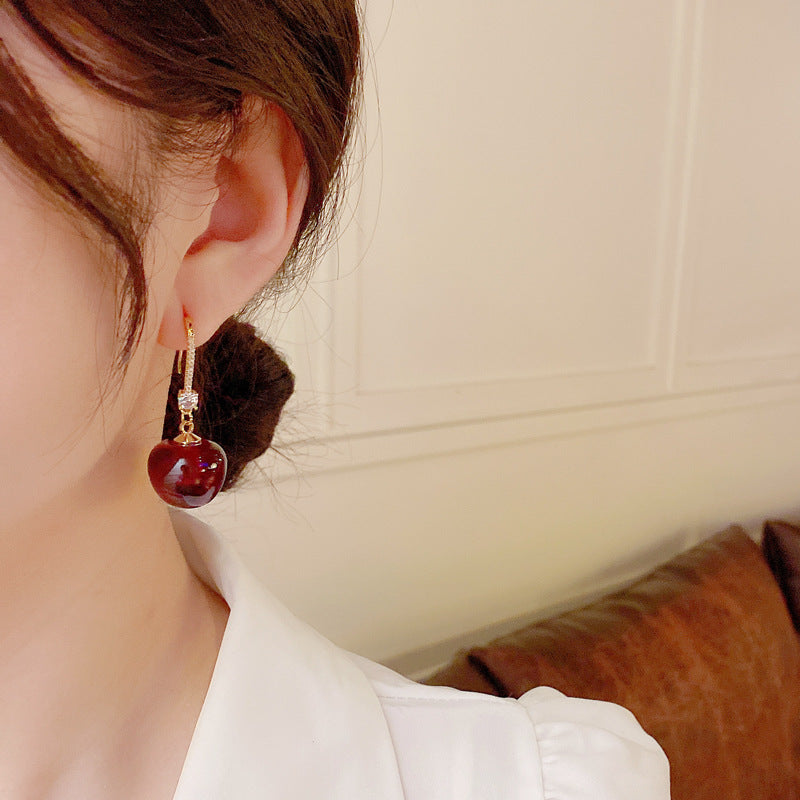 Red Cherry Silver Needle Cherry Earrings