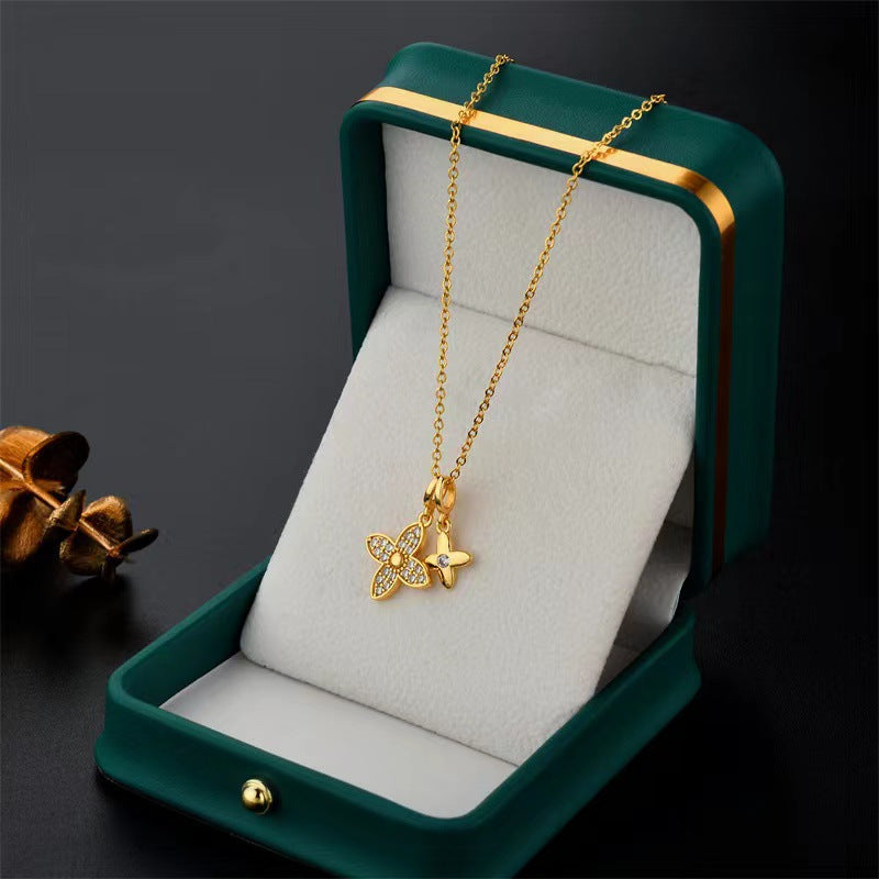 Fashion Titanium Steel Necklace with Dual Four-Leaf Pendant