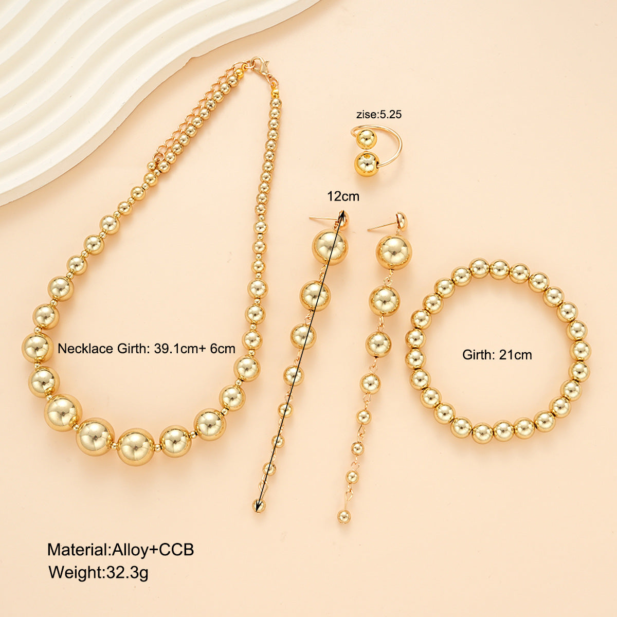 Gold Geometric Round Bead Necklace Set 4 Pieces