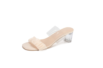 Sheer block heel, straight square-toe crepe slippers