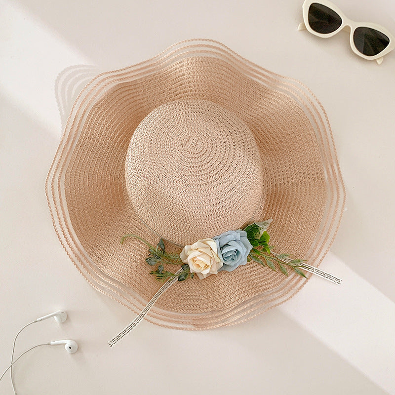 Wavy-Edge Floral Straw Hat Women Summer Beach Sun Protection