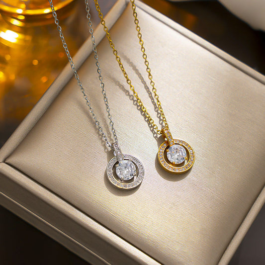 Zircon Circle Necklace: Elegant Retro Titanium Steel