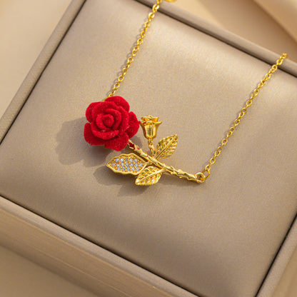 French Romantic Red Rose Necklace, Floral Pendant