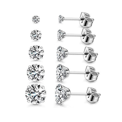 Set of 5 pairs of four-claw rhinestone earrings