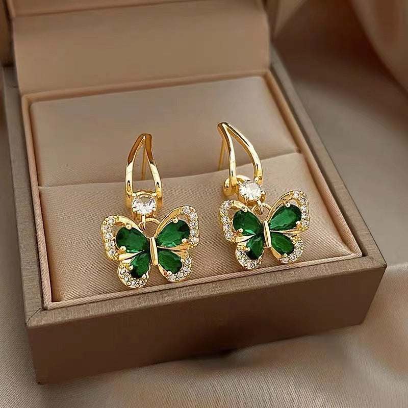 Pendientes de mariposa de circonita verde vintage francesa 