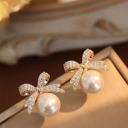 Bow Sparkling Diamond Pearl Stud Earrings