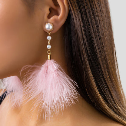 Feather fringed imitation pearl earrings