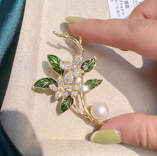 Green Leaf Branch Gardenia Pearl Brooch