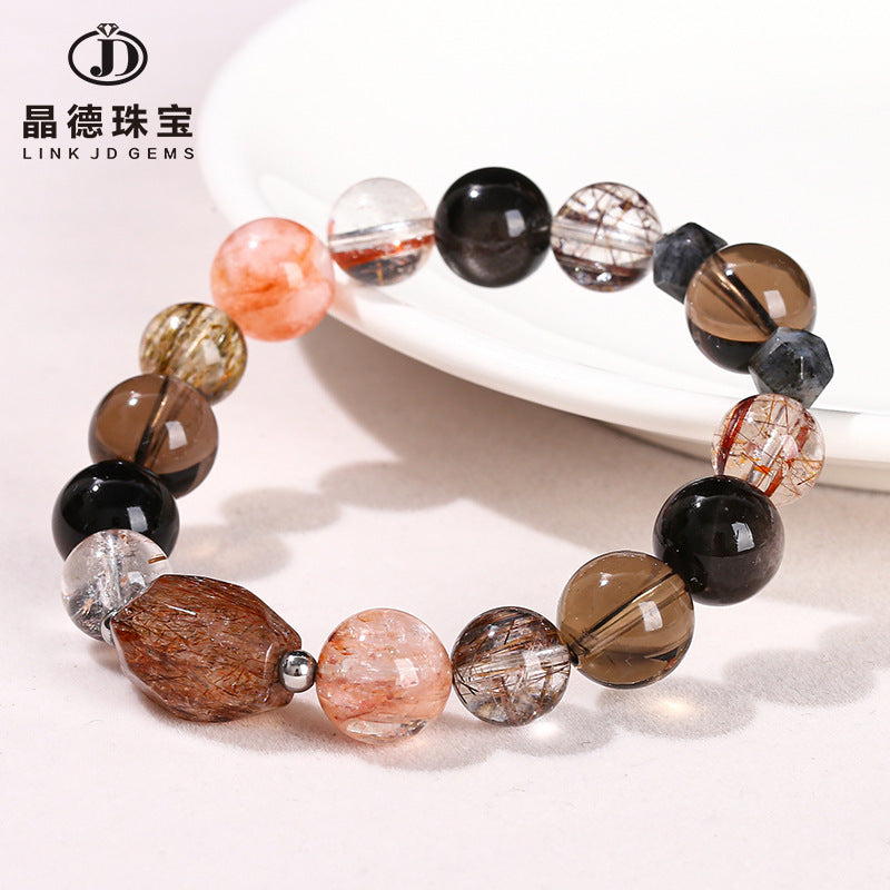 Natural color hair crystal, tea crystal, silver obsidian mixed bracelet.